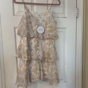 Storia White and Mustard Floral Tiered Spaghetti Strap Dress